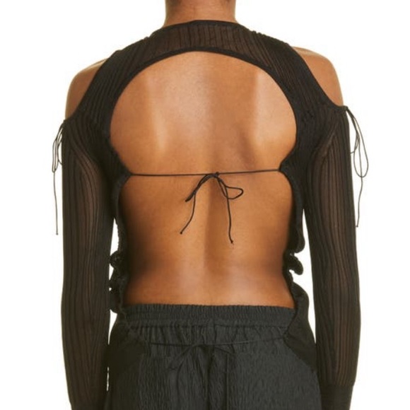 NWT Cecilie Bahnsen Black Cold Shoulder Stretch Ribbed Knit Tie Back Top-Sz XS/S - Picture 2 of 13